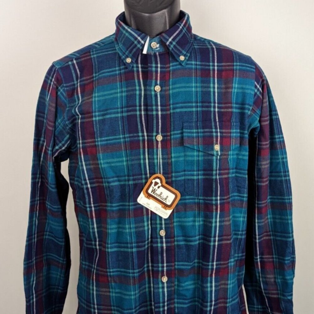 Vtg Woolrich Flannel Shirt Mens Size S 100% Cotton Green Blue Plaid Button Up
